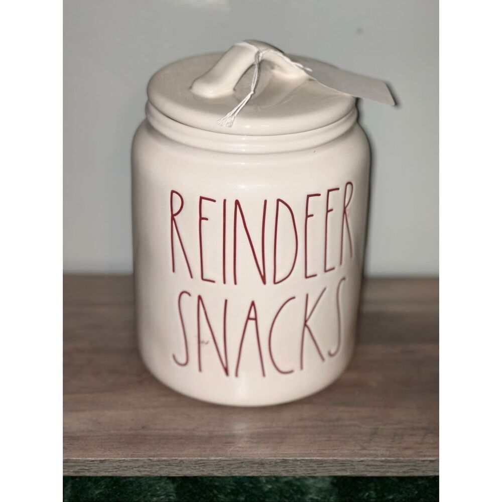 Rae Dunn Artesan Collection by Magenta Ceramic "REINDEER SNACKS" cookie Jar w/ L